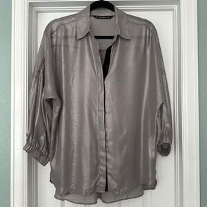 Zara Metallic Semi Sheer‎ Button Down Blouse Silver Gray Size Medium NWT